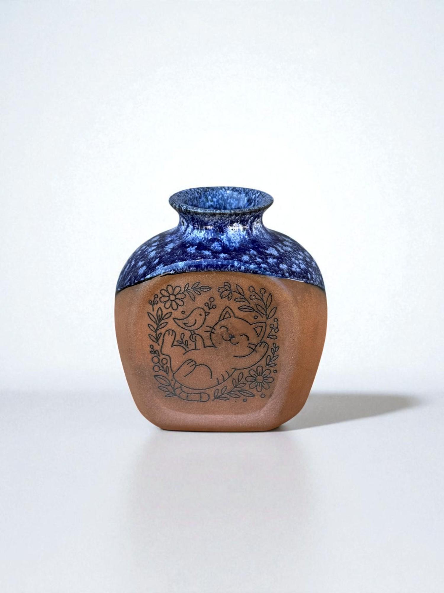 Ваза квадратная ручной работы Котик с птичкой 9,5 см (28783661)