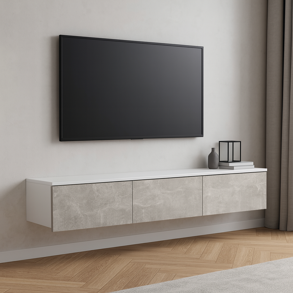 Тумба под телевизор ТВ2 SENAM 220х1400х360 мм корпус ДСП Белый фасад ДСП Ателье Светлый - фото 1 Тумба под телевизор ТВ2 SENAM 220х1400х360 мм корпус ДСП Белый фасад ДСП Ателье Светлый - фото 1