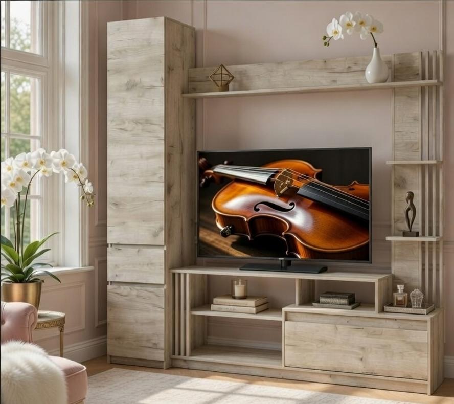 Стенка для ТВ Мастер Форм Брайт ДСП в гостиную с пеналом левосторонняя 2100х520х2000 мм Дуб крафт серый (31030)