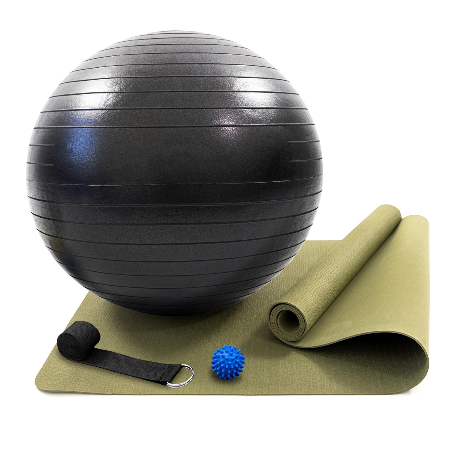 Килимок для йоги та фітнесу OSPORT Set 100 фітбол 75 см масажний м'ячик та ремінь для йоги Хакі/Чорний (n-0130) - фото 1
