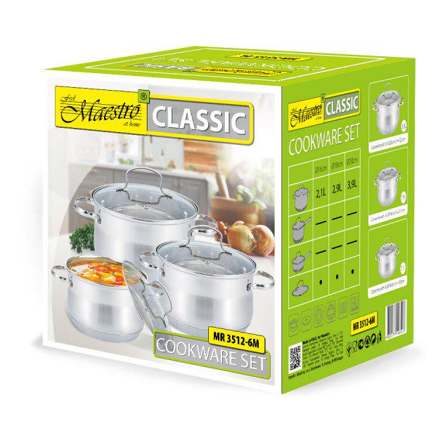 Набір посуду Maestro Basic із нержавіючої сталі зі скляними кришками 2,1/2,9/3,9 л 6 пр. (73ec7228) - фото 3