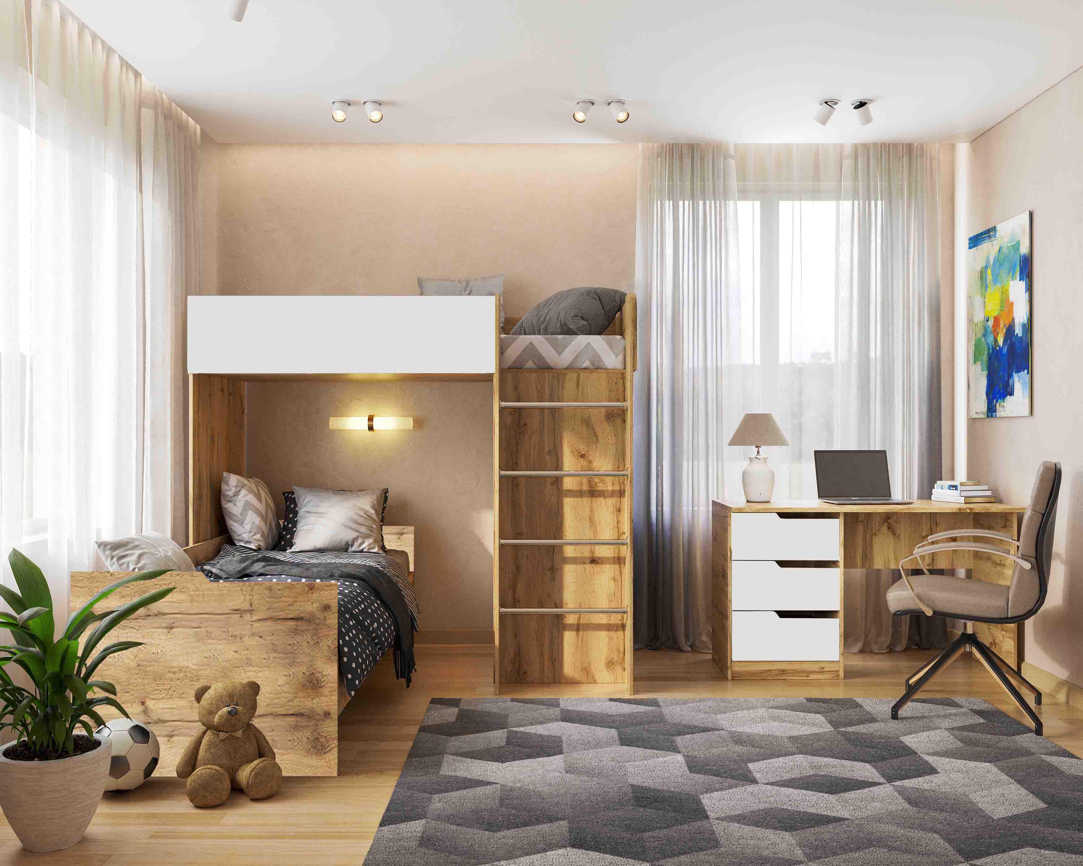 Комплект для детской BED-ROOM 3 две кровати/шкаф и письменный стол 1940x1020x1690 мм Дуб Тахо/Белый