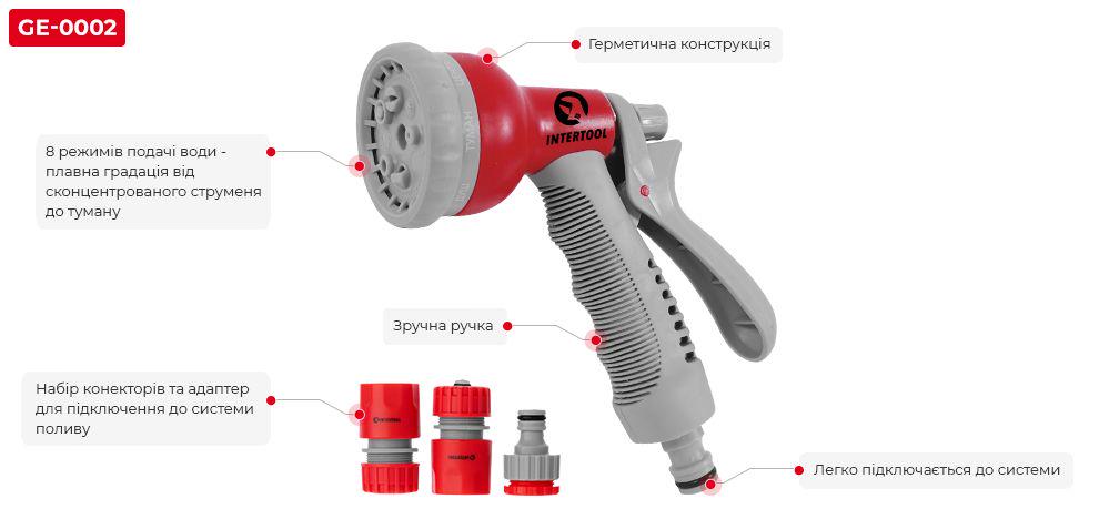 Пістолет-розпилювач для поливу Intertool GE-0002 8 функцій + адаптер з різьбленням 1/2" 3/4" і 2 конектори для шланга 1/2" (11310907) - фото 11