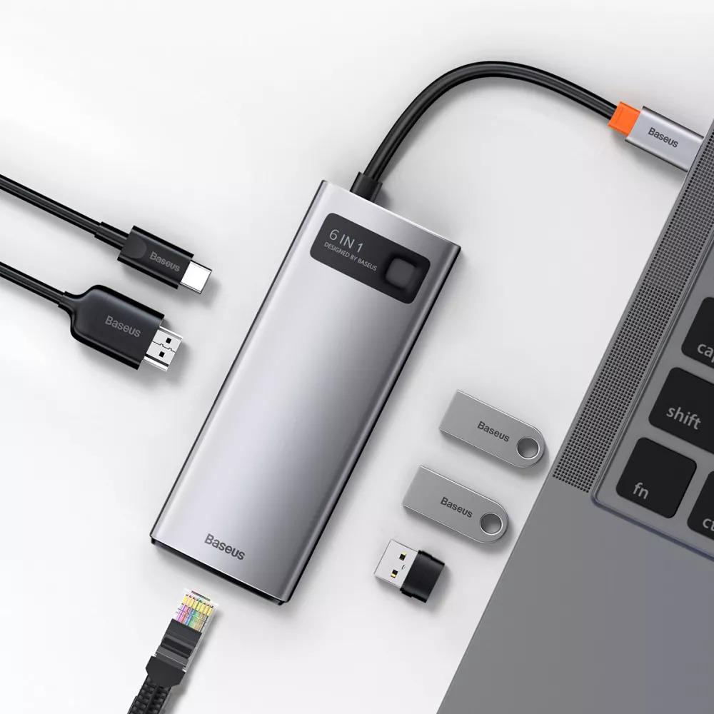 USB хаб BASEUS Metal Gleam Series 6in1 Multifunctional 3xUSB3.0 HDMI4K RJ45 Type-C Gray (CAHUB-CW0G) - фото 6 USB хаб BASEUS Metal Gleam Series 6in1 Multifunctional 3xUSB3.0 HDMI4K RJ45 Type-C Gray (CAHUB-CW0G) - фото 6