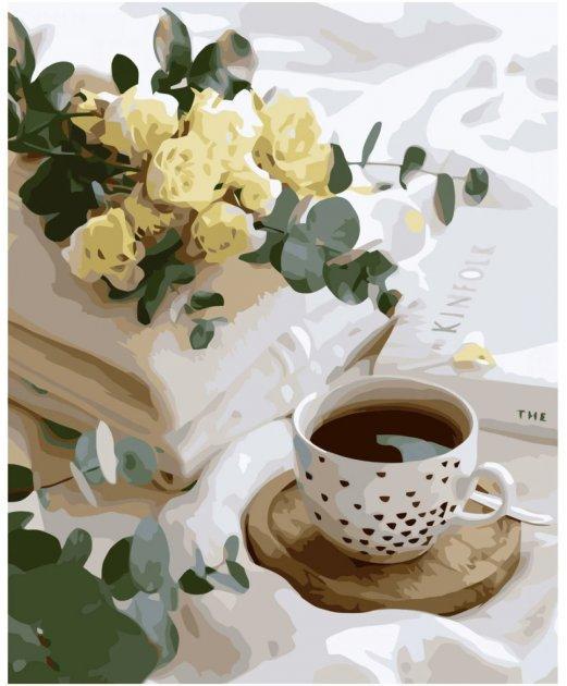 Картина по номерам Strateg Желтые цветы и кофе с лаком и уровнем 40x50 см (VA-3697)