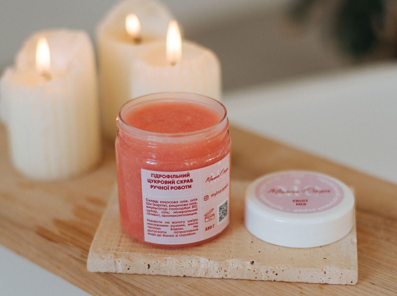 Скраб гідрофільний цукровий Фруктовий мікс з кокосовою олією та олією Ши ручна робота