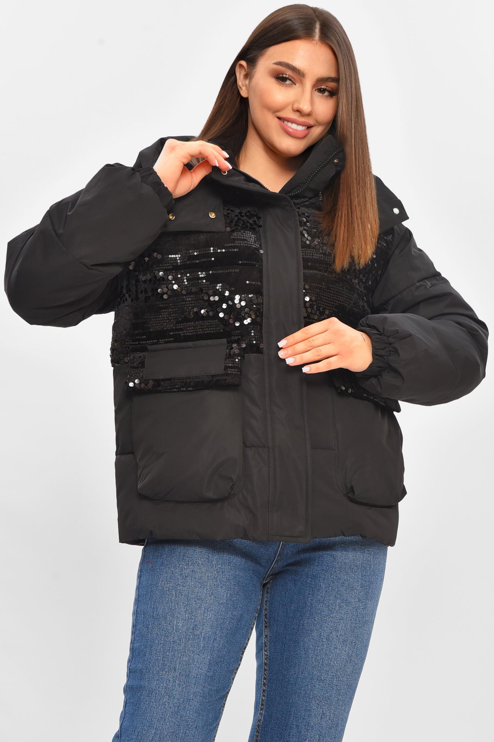 Куртка женская демисезонная с пайетками S Черный (206108) - фото 2 Куртка женская демисезонная с пайетками S Черный (206108) - фото 2