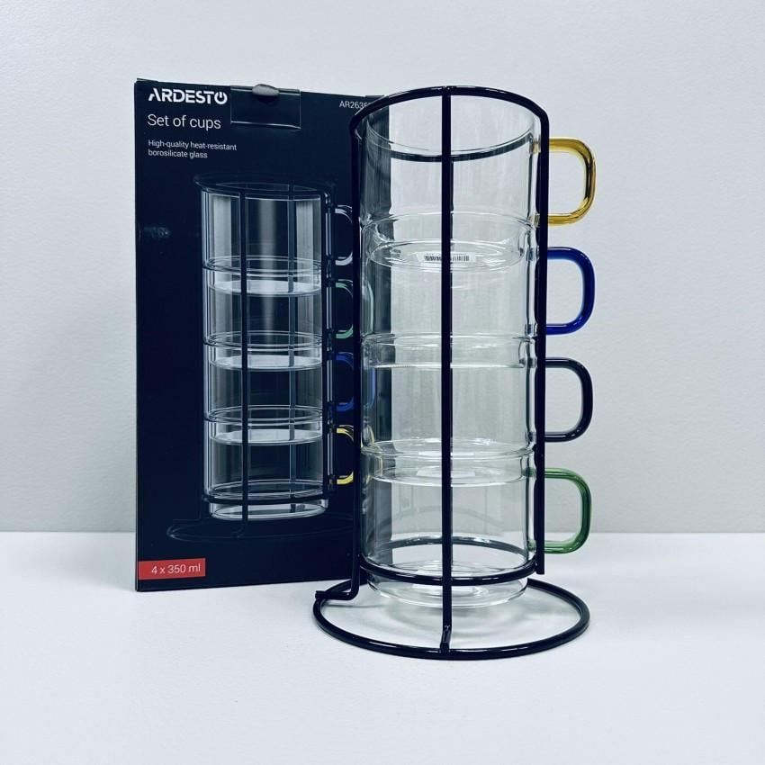 Набір чашок Ardesto AR2635BS з боросилікатного скла на металевій підставці 350 мл 4 шт. Прозорий (2672769943)