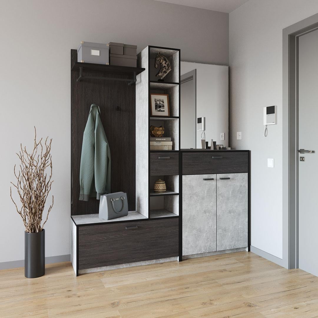 Прихожая Moreli KO-0002 с зеркалом/крючками и штангой для одежды 1690х1880х380 мм Бетон/Венге темный(27687707)