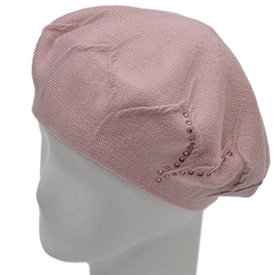 Берет Lirus Ирис двойной из шерсти тонкой вязки сбоку с камнями р. 56-58 Розово-пудровый