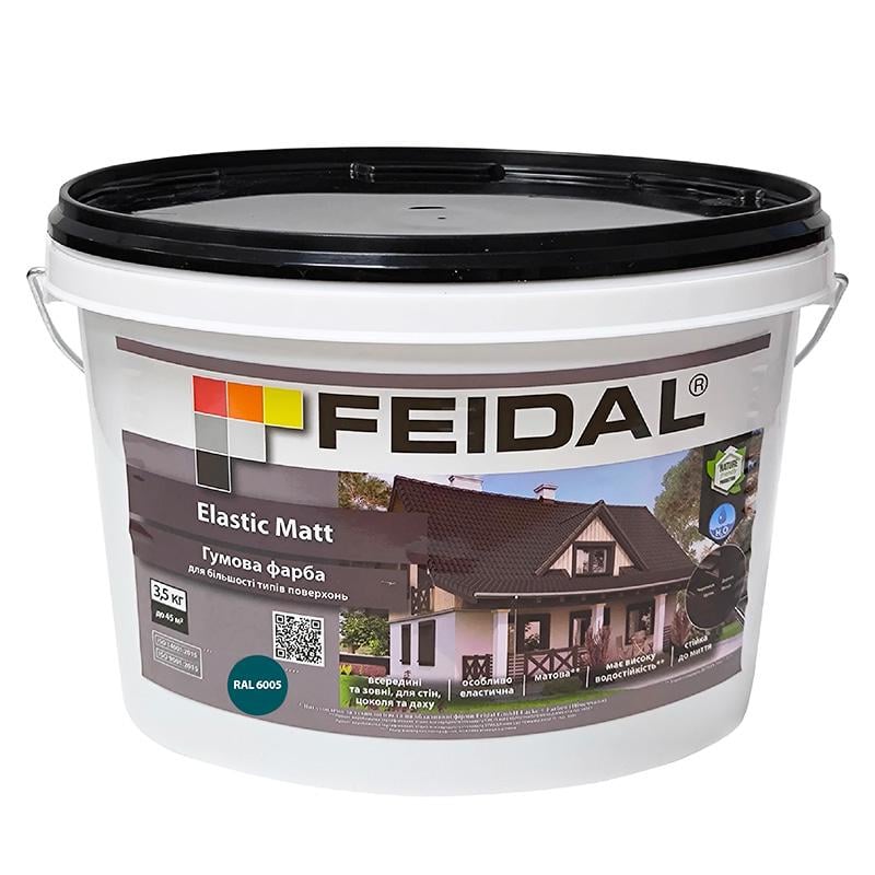 Фарба гумова Feidal Elastic Matt стійка до атмосферних впливів 3,5 кг RAL 6005 Зелений матовий - фото 1 Фарба гумова Feidal Elastic Matt стійка до атмосферних впливів 3,5 кг RAL 6005 Зелений матовий - фото 1