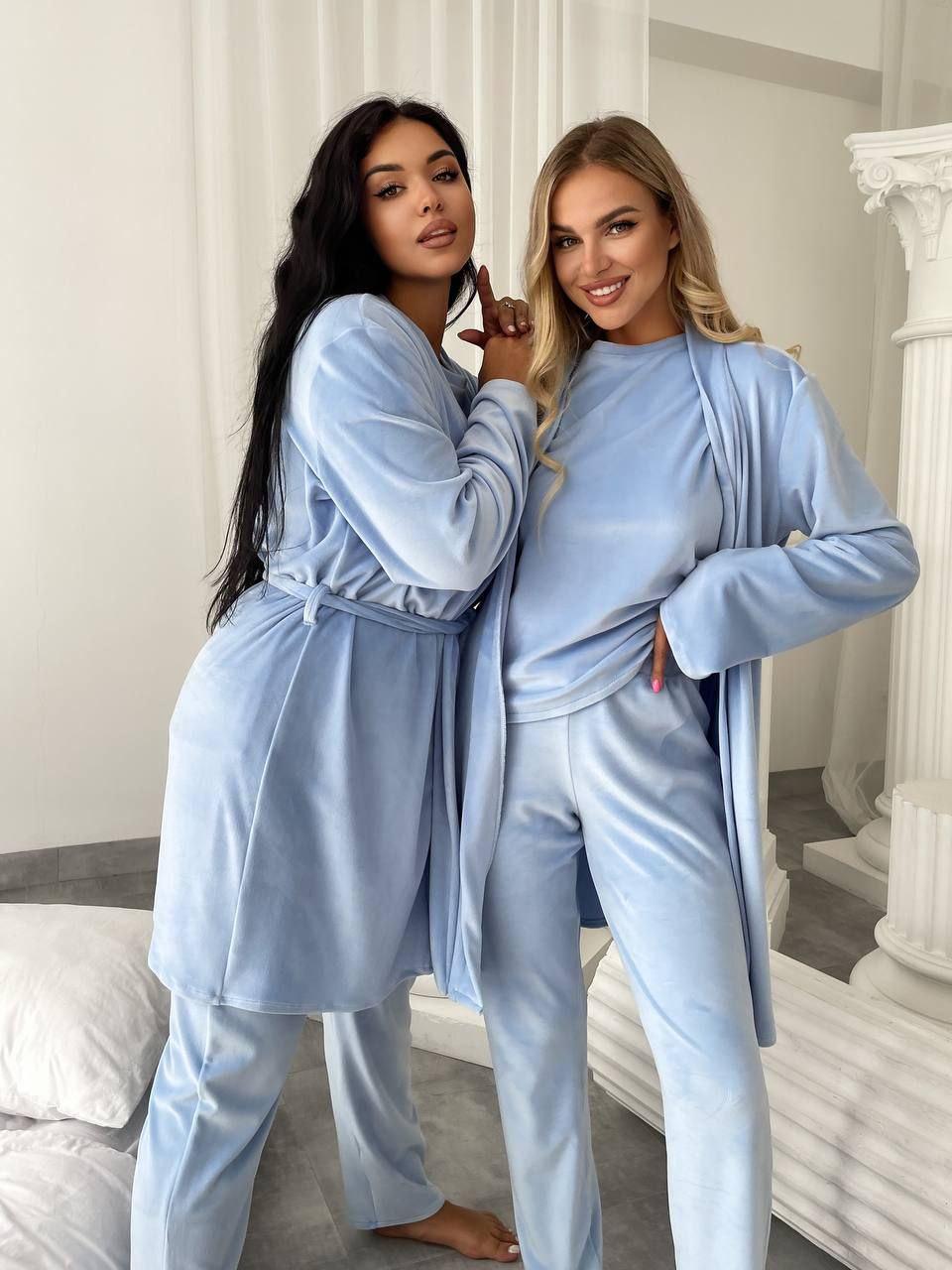 Пижама женская велюровая 1545а тройка р. 50/52 Голубой (21153356) - фото 10