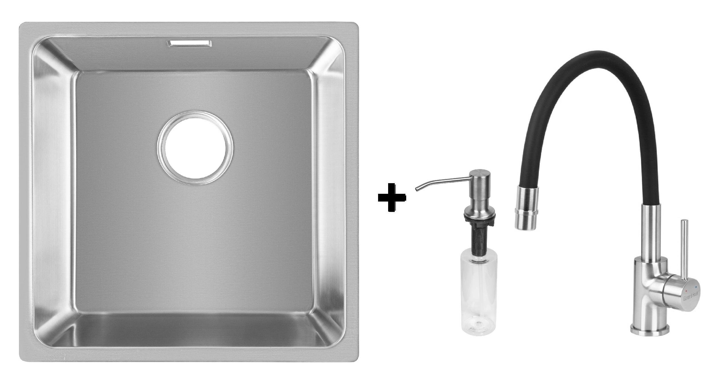 Комплект из кухонной мойки Gunter&Hauer Felda 4420 IX кухонного смесителя Gunter&Hauer BRISE Brush и дозатора Gunter&Hauer SOAP DISPENSER Inox