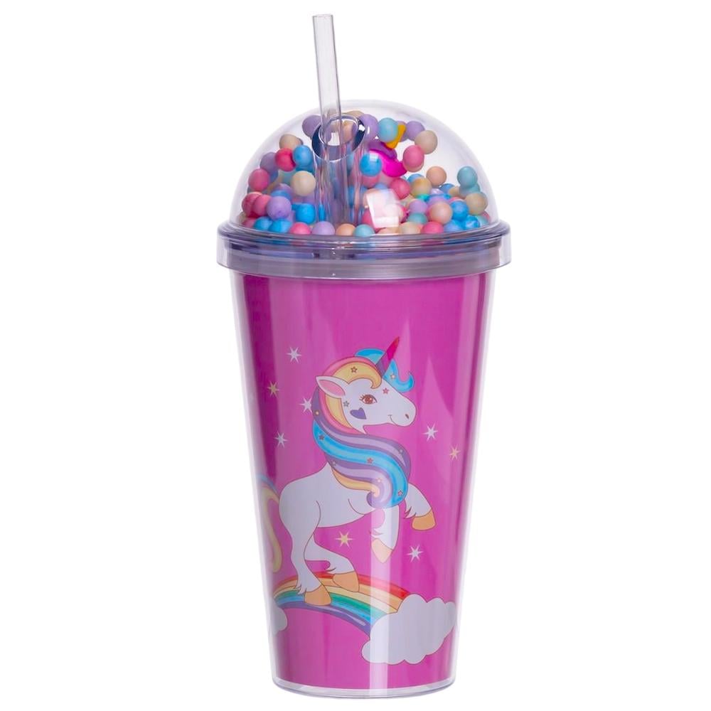 Стакан многоразовый Единорог с крышкой и трубочкой Малиновый (HP-18-2P)