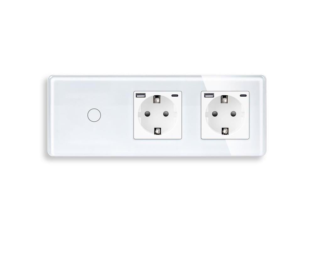Выключатель сенсорный ELIOS с двумя розетками USB A+C 20Вт с заземлением/шторками 16А 230В стекло Белый
