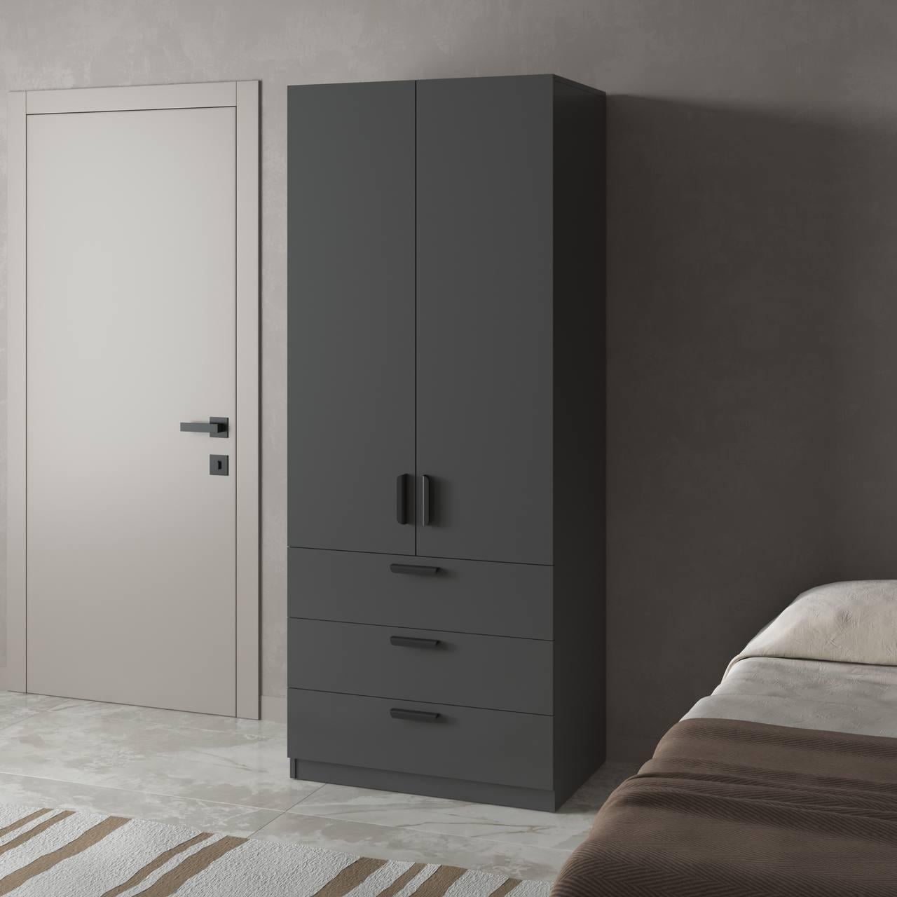 Шкаф двухдверный со штангой и 3 выдвижными ящиками из ЛДСП Антрацит (382612) Шкаф двухдверный со штангой и 3 выдвижными ящиками из ЛДСП Антрацит (382612)
