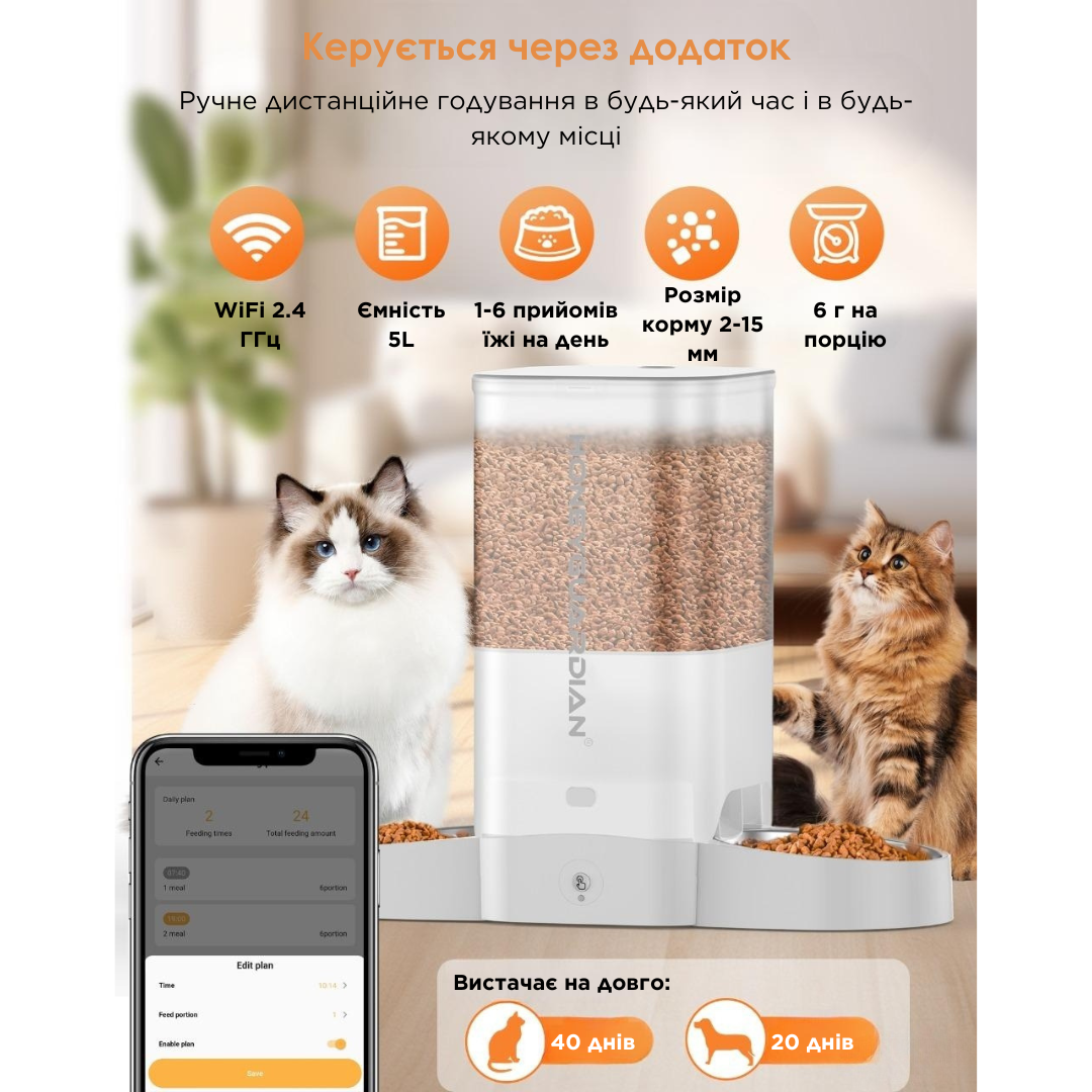 Автоматична годівниця для котів та собак HONEYGUARIDAN S305D 5 л Wi-Fi Білий (2357700003) - фото 2