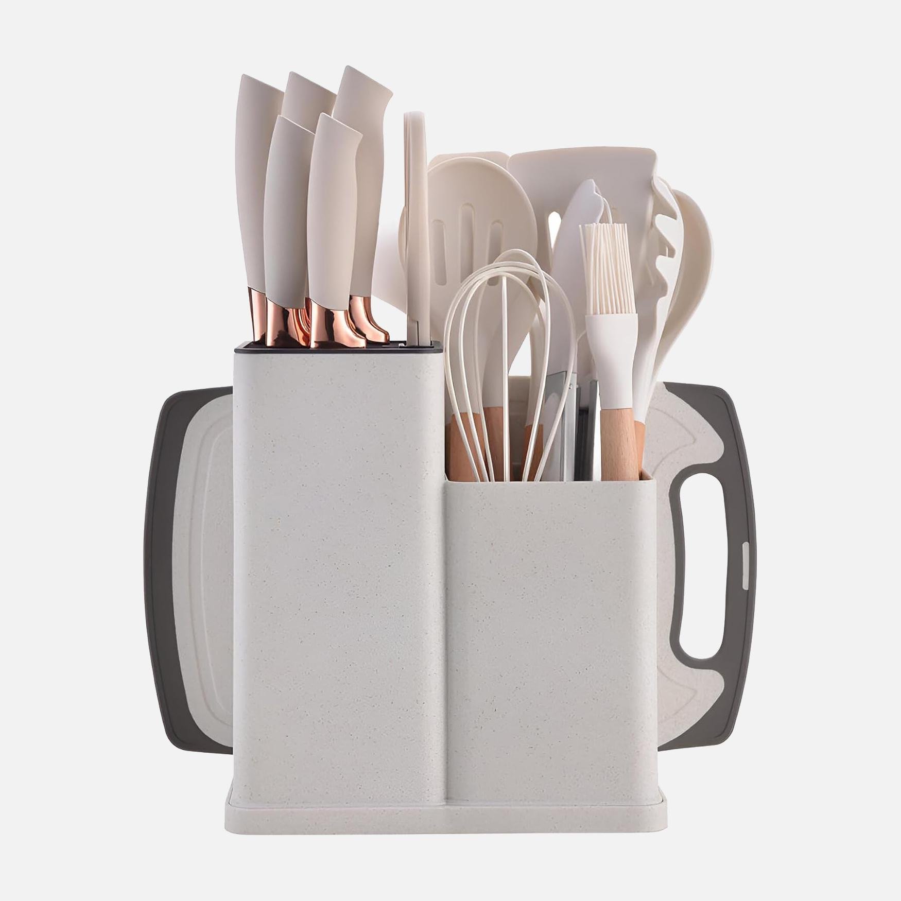 Набір кухонного приладдя на 19 предметів: силіконові прибори/набір ножів на підставці/дошка для нарізання Grey (2a8277cb) Набір кухонного приладдя на 19 предметів: силіконові прибори/набір ножів на підставці/дошка для нарізання Grey (2a8277cb)