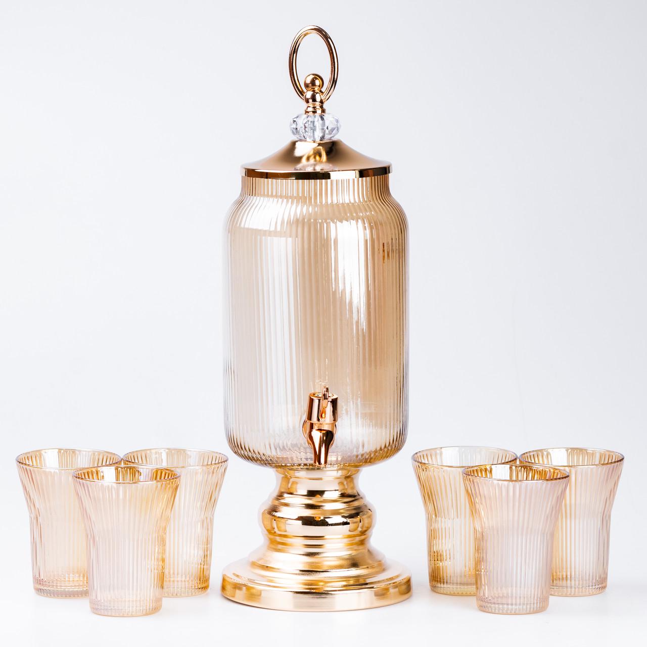 Лимонадница стеклянная с краном на металлической ножке с 6 стаканами 2 л Золотой