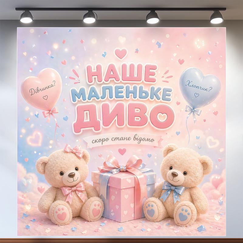 Праздничная фотозона Наше маленькое чудо с мишками и шариками-сердцами 120x120см, №48513