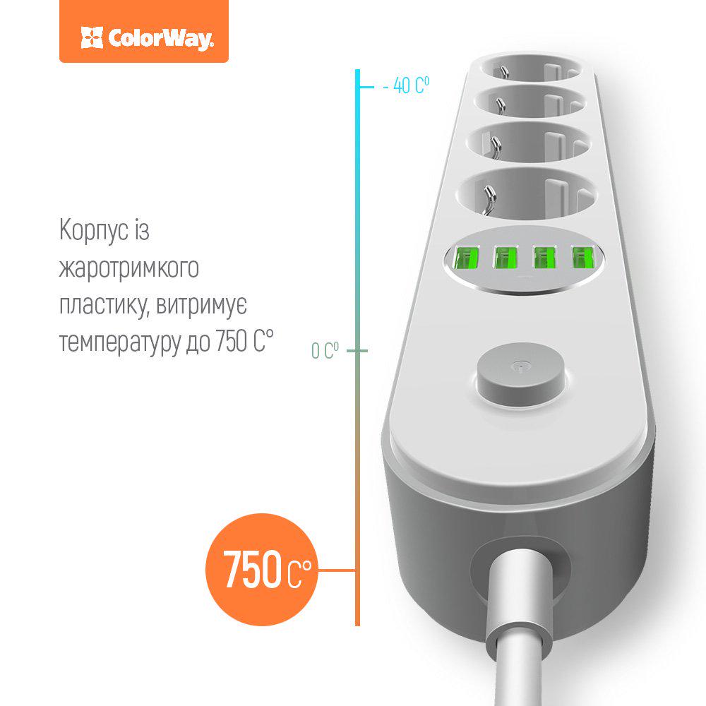 Фильтр-удлинитель cетевой СolorWay 4 розетки/4 USB White (CW-CHE44W) - фото 4