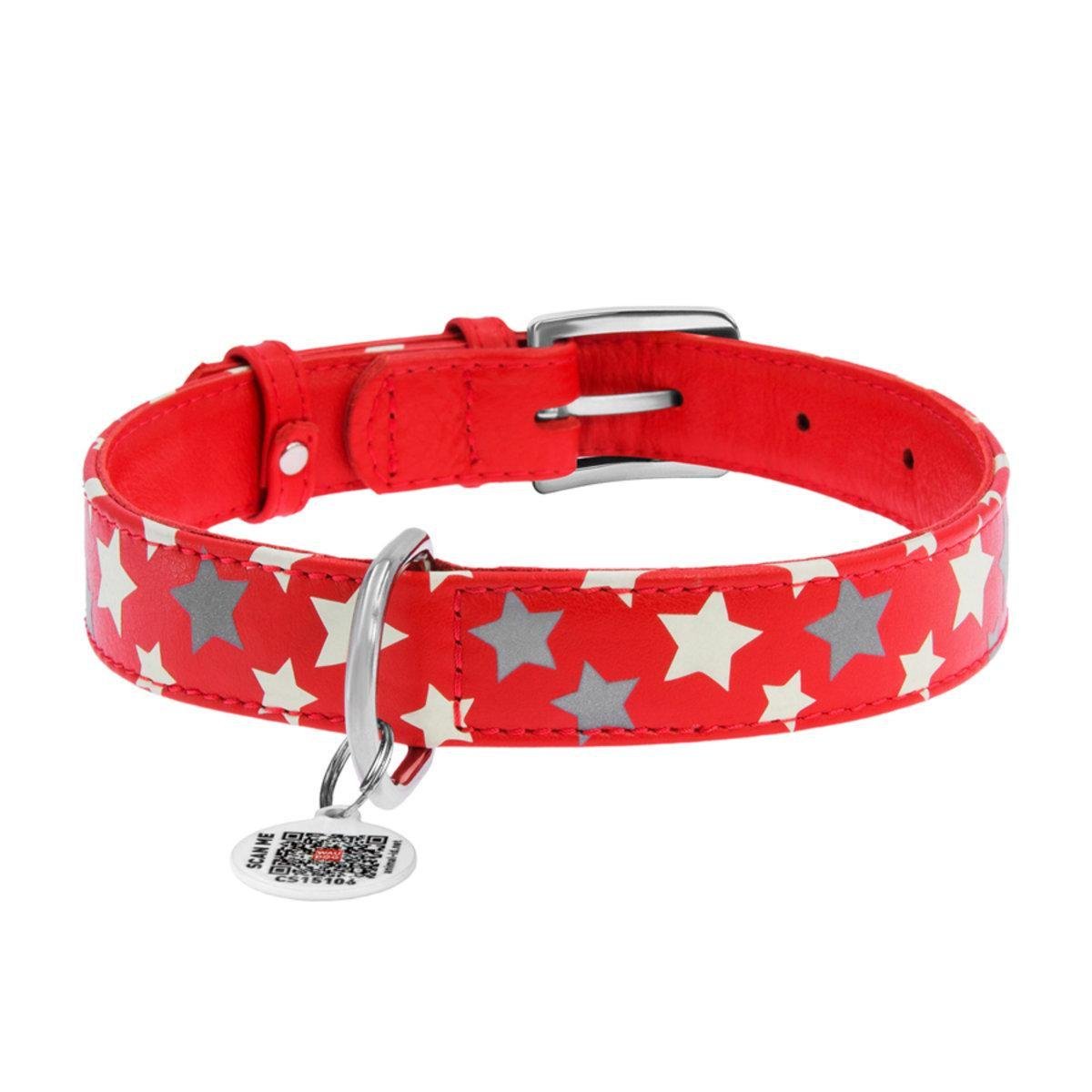 Ошейник для собак кожаный Waudog Glamour Звездочка с QR паспортом/светонакопительный/светоотражающий L 25 мм х 38-49 см Красный (35873 Col)