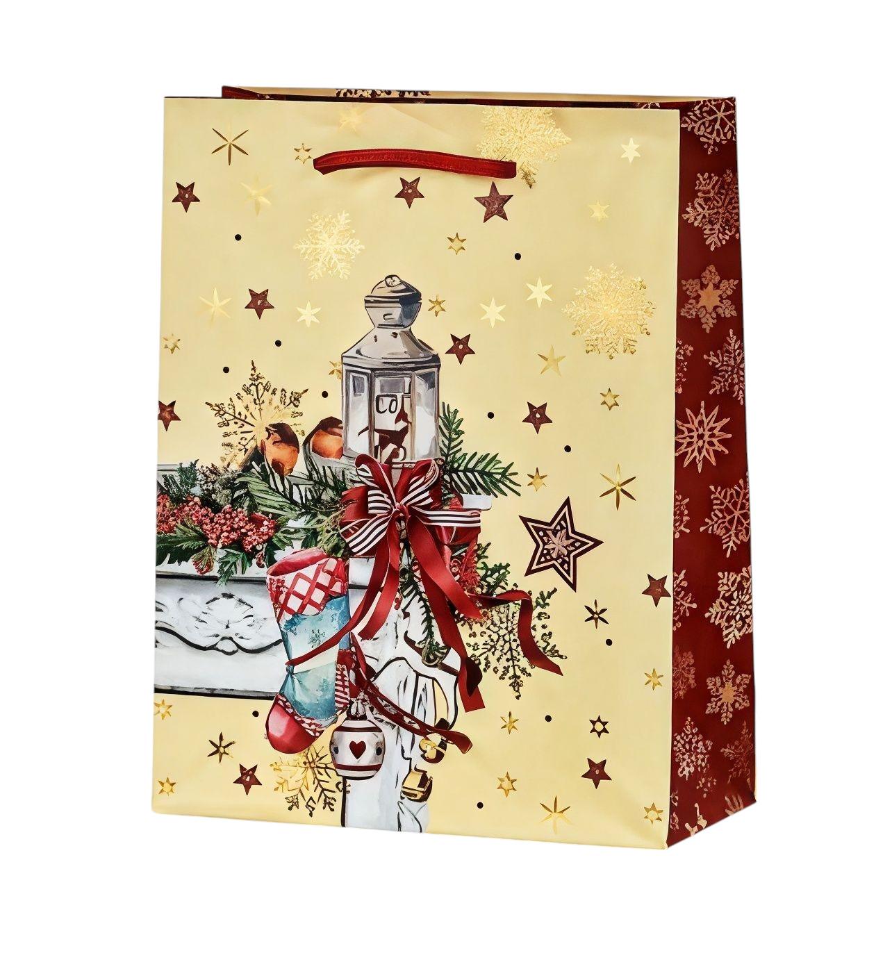 Подарочный пакет новогодний Stenson L Christmas motif бумажный 31х42х12 см Желто-красный (R33021-L)