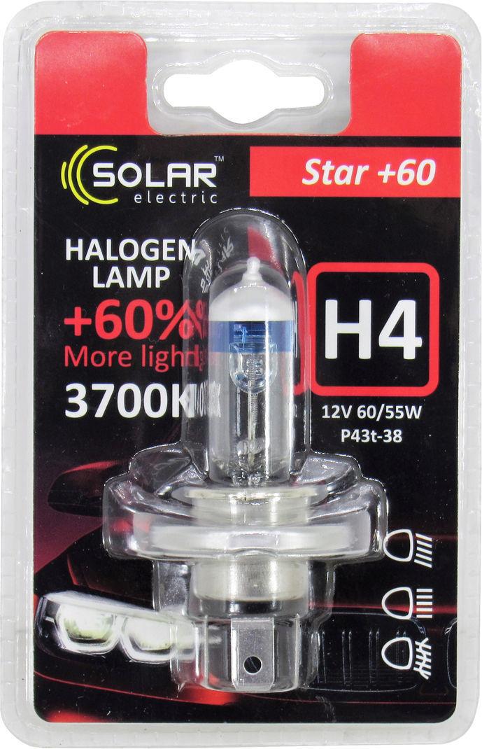 Лампочка галогенна H4 P43t 12V-60/55Вт Solar 3700K Starlight +60 blister   1234B1  12V-H4 P43t