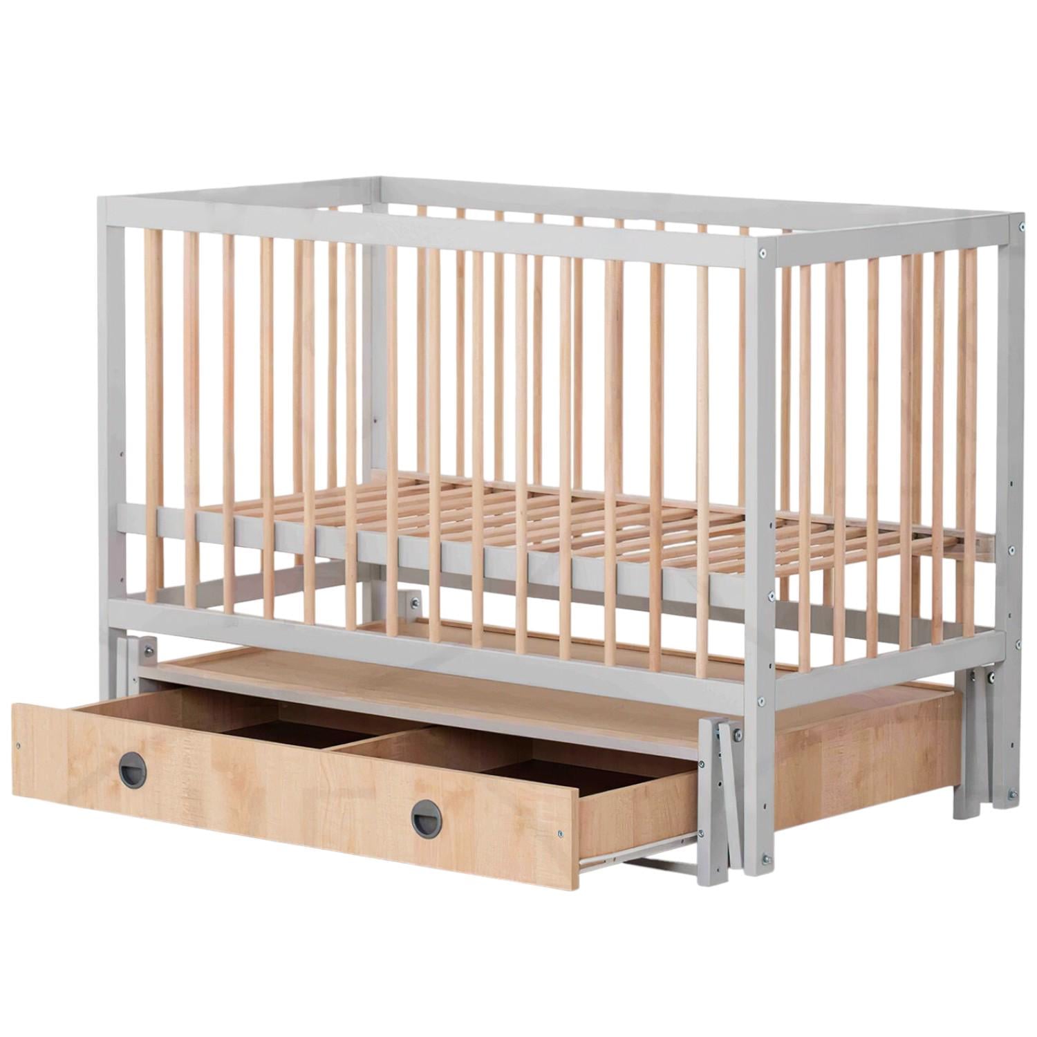 Кроватка деревянная для новорожденных Sofia с маятником и ящиком Серый с натуральным (Kuz62)