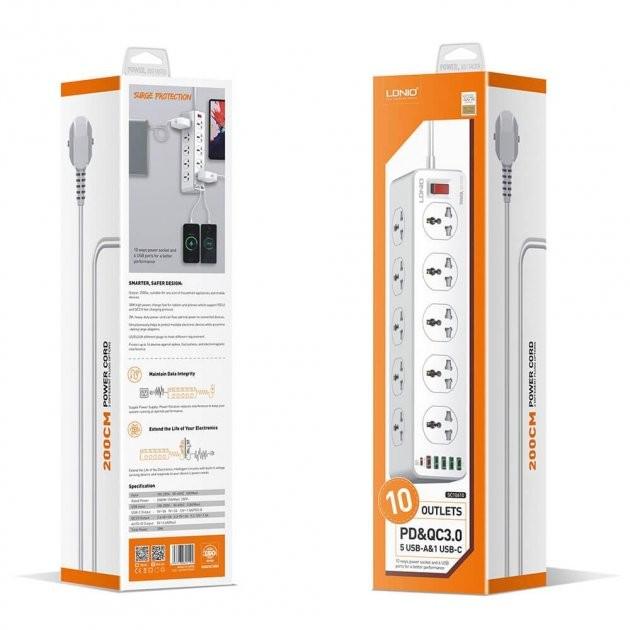 Удлинитель-фильтр сетевой Ldnio SC10610 10 Розеток + 5 USB + 1 Type-C 2 м Quick Charge 3 White - фото 10