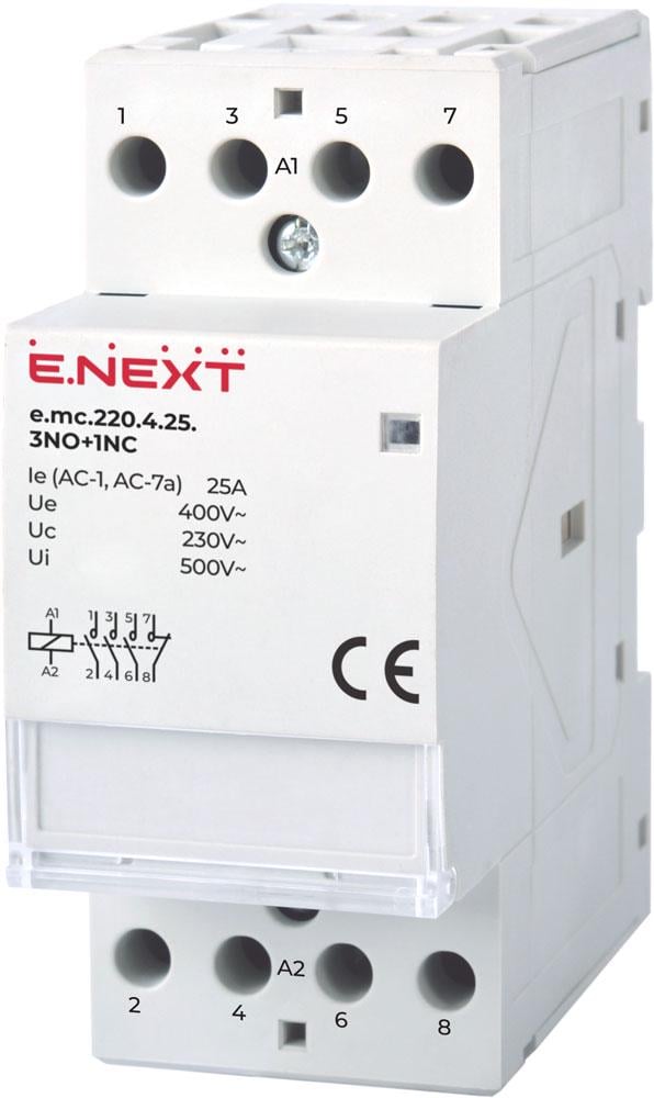 Контактор модульний E.NEXT e.mc.220.4.25.3NO+1NC 4P 25A 3NO+1NC 220V (p005021)