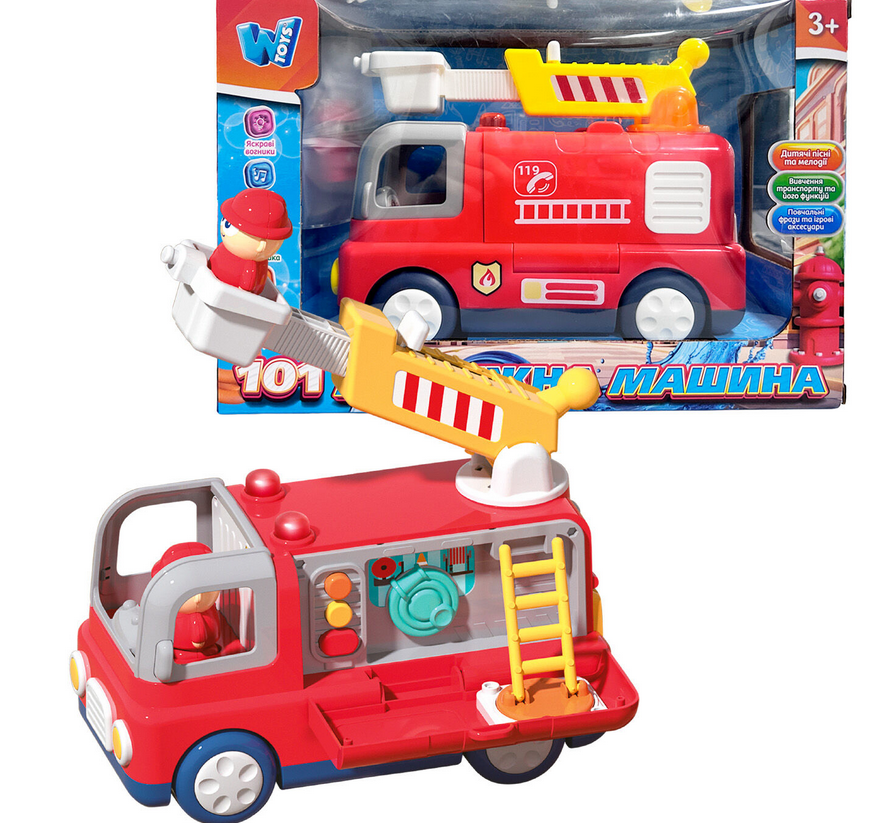 Машинка музична WToys 11516 Пожежна машина пісні факти віршики світло сирена та фігурка пожежника в коробці