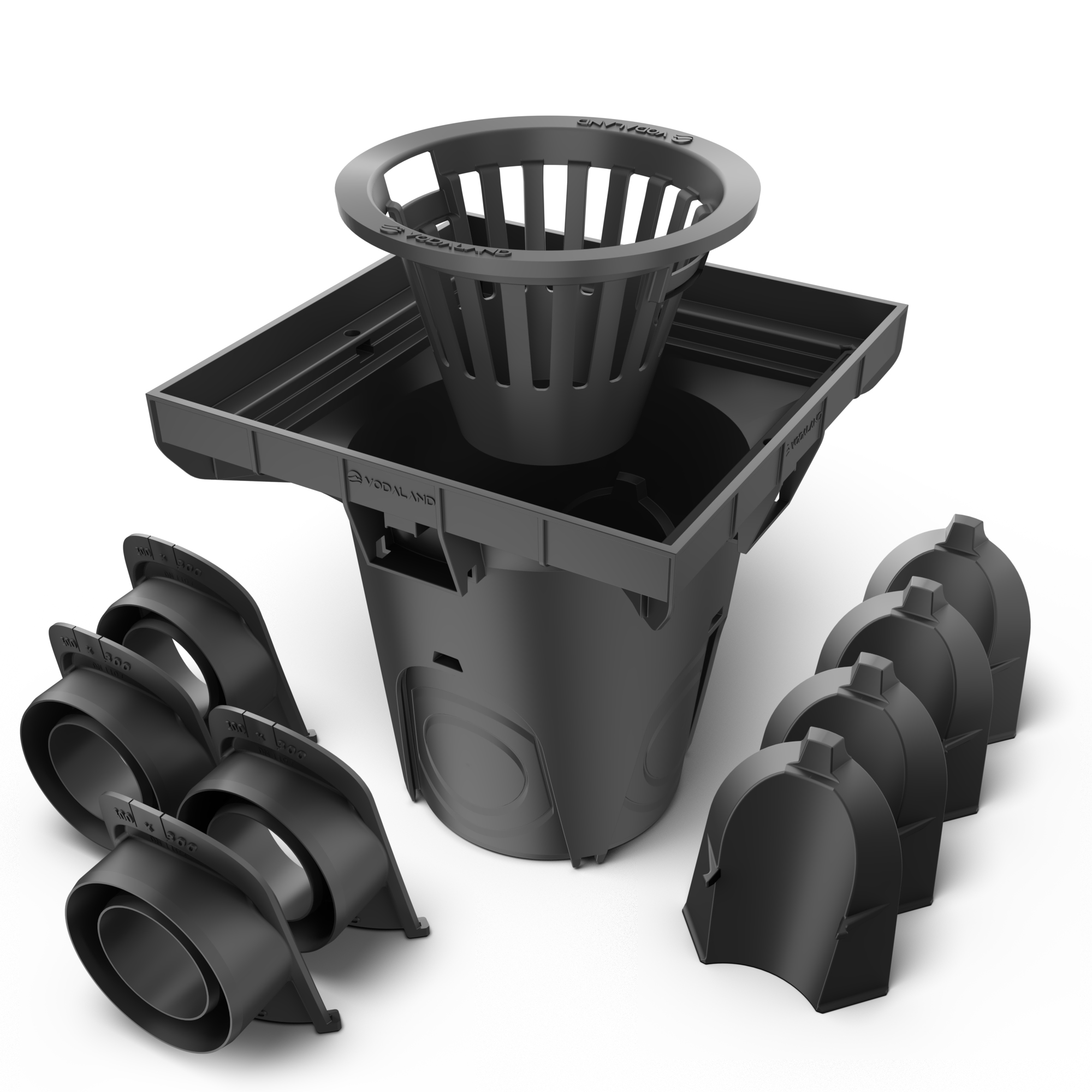 Дождеприемник пластиковый Vodaland NEO 300х300 с корзиной и 4 встроенными патрубками Ø 110 мм (К8370011-4/4)