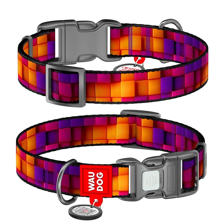 Ошейник для собак с QR-паспортом Waudog Nylon Кубы 3Д пластиковый фастекс М 20 мм 28-40 см Разноцветный (281-4057) - фото 1