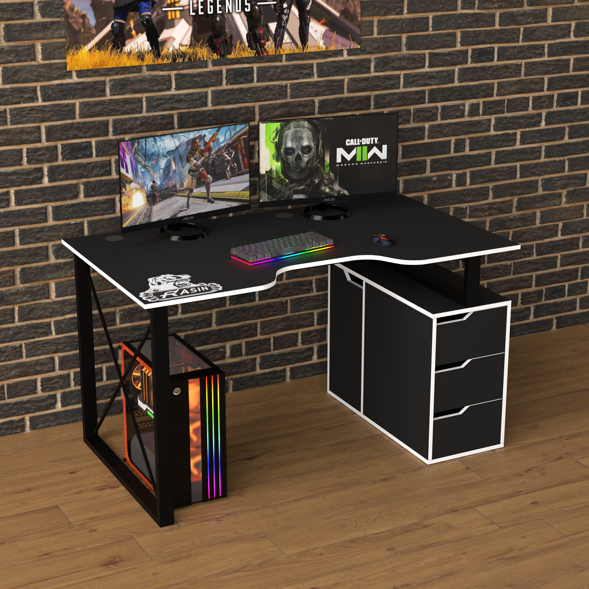 Стол геймерский эргономичный Zeus Rasin LOFT-18 металл/ламинированная ДСП Черно-белый (LOFT-18)