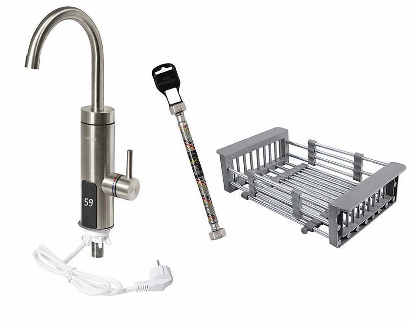 Комплект для кухні проточний водонагрівач Britc K-V-SS-1-L з дисплеєм/кошик розсувний для миття/шланг 50 см Комплект для кухні проточний водонагрівач Britc K-V-SS-1-L з дисплеєм/кошик розсувний для миття/шланг 50 см