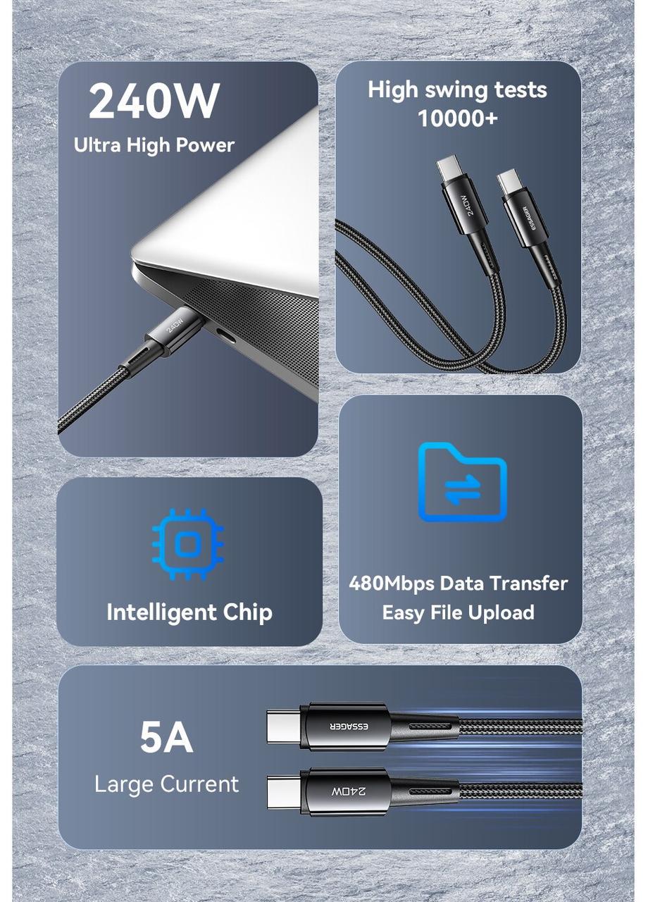 Кабель Essager Type-C до Type-C 240W PD3.1 48V/5A 1 м (25397298) - фото 6 Кабель Essager Type-C до Type-C 240W PD3.1 48V/5A 1 м (25397298) - фото 6