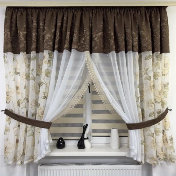 Комплект штор на кухню шифон/батист 550х180 см Білий/Шоколадний (465)