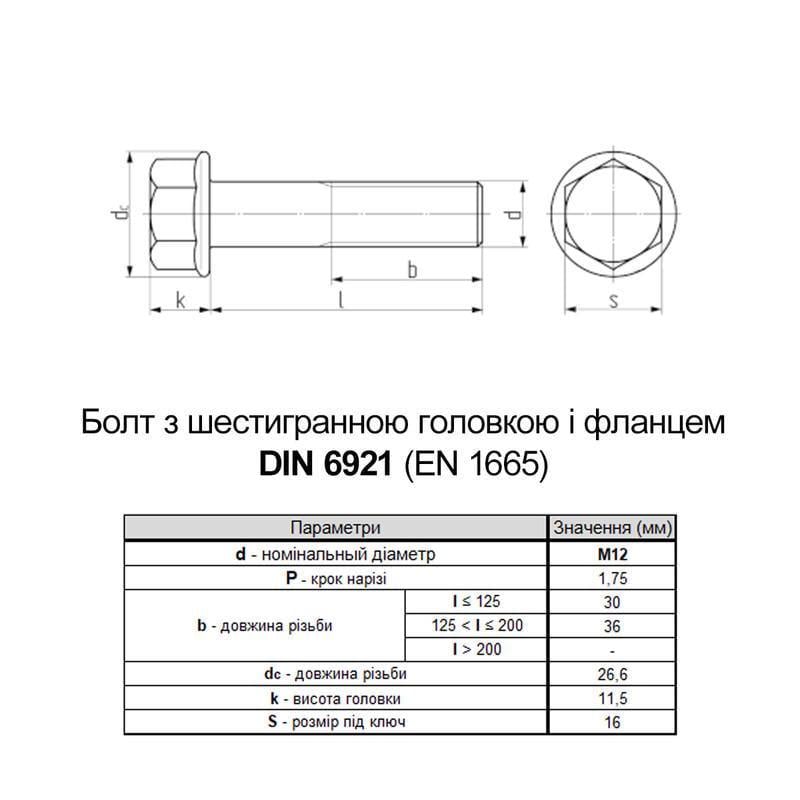 Болт шестигранный с фланцем Metalvis DIN6921 М12х40 резьба 30 мм сталь 10.9 под ключ 16 мм 25 шт. (5M6L0MLX200040A000) - фото 2