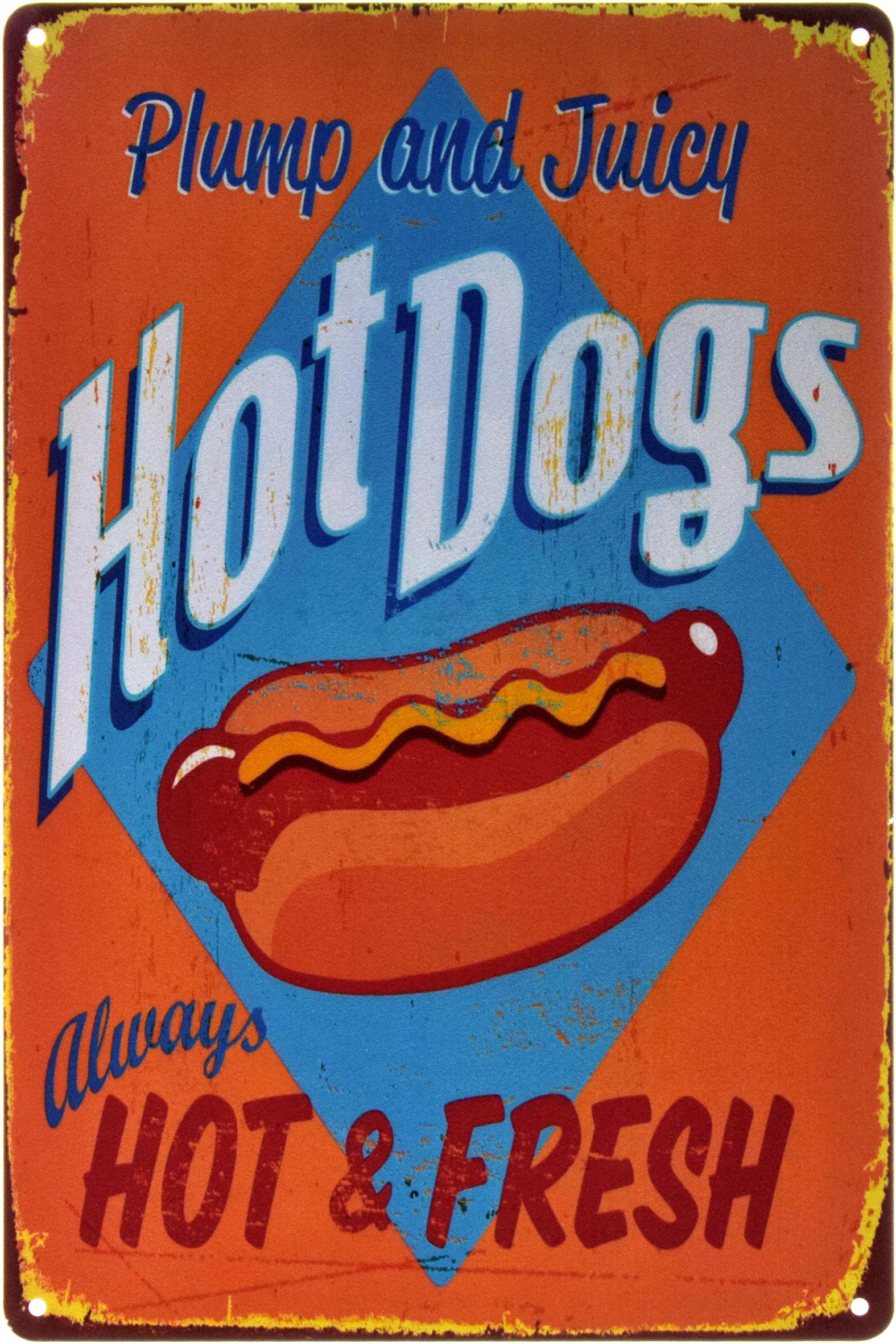 Табличка металлическая Хот-Доги Пухлые И Сочные/Hot Dogs Plump And Juicy 20x30 см