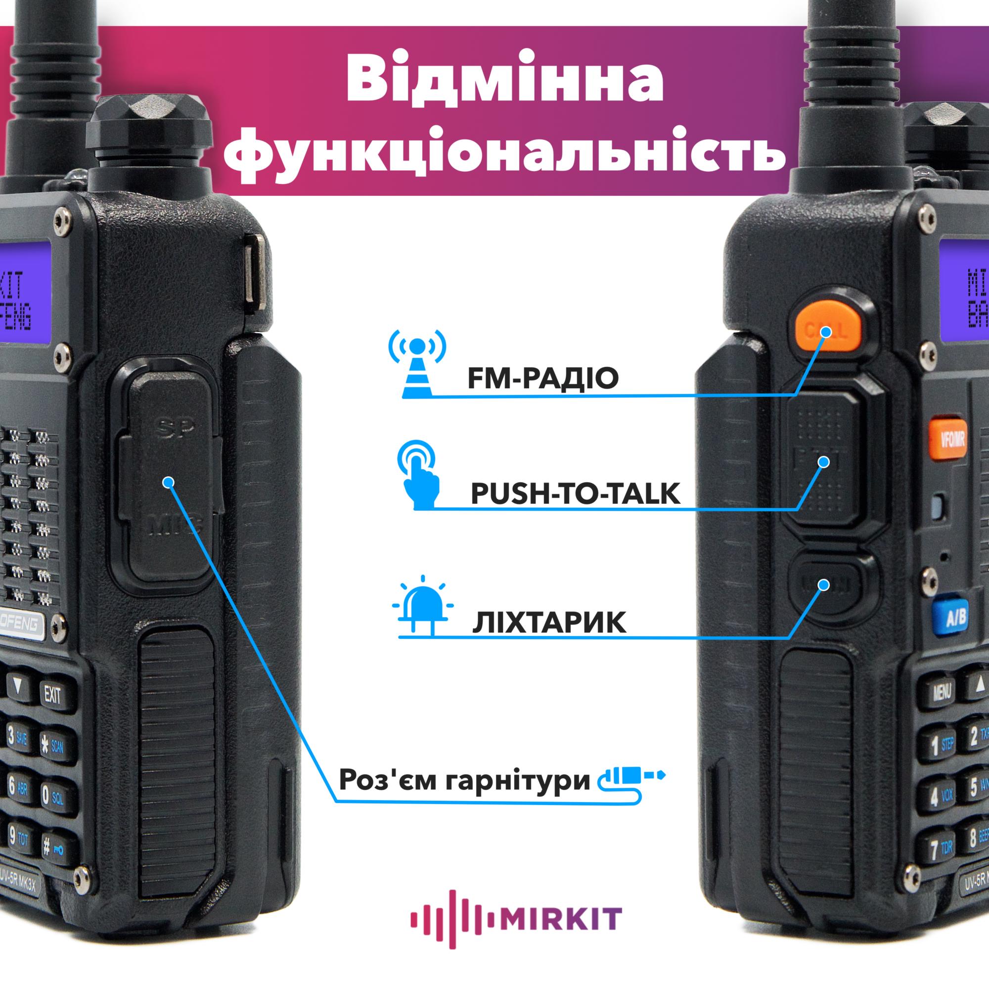 Рация трехдиапазонная Baofeng UV-5R MK3X 5 Вт с усиленным аккумулятором 2100 mah/гарнитурой/шнурком на шею (8040) - фото 2