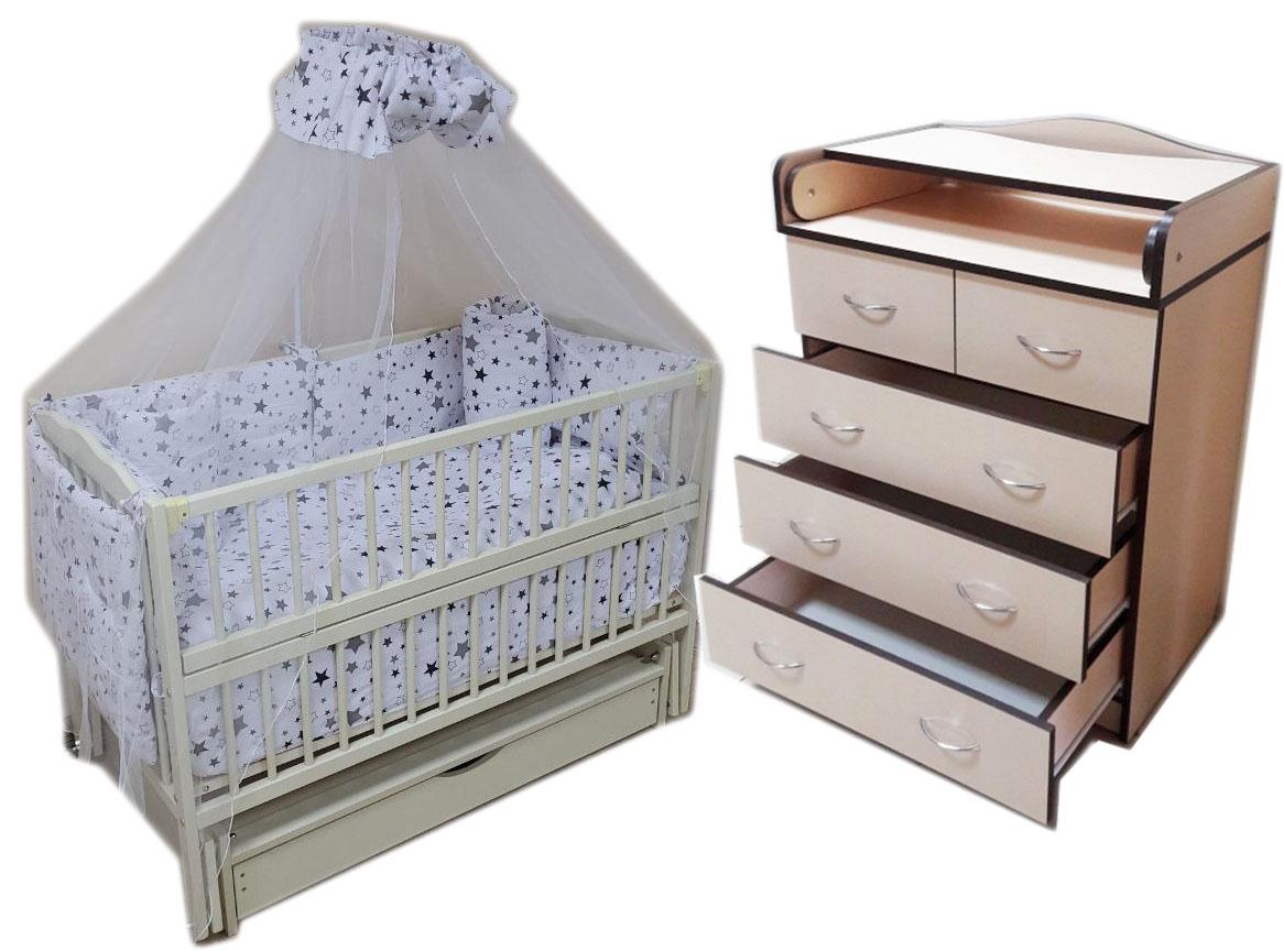 Кроватка маятник Радуга с комодом 3+2 без ящика/матрац кокос/постельный набор 9 эл. Слоновая кость/Венге светлый (11773414)