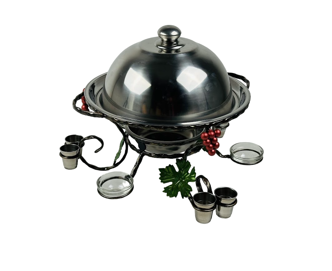 Садж для подачи и подогрева шашлыка с соусницами и рюмками из нержавеющей стали 36 см (106-10-SJ-6585)
