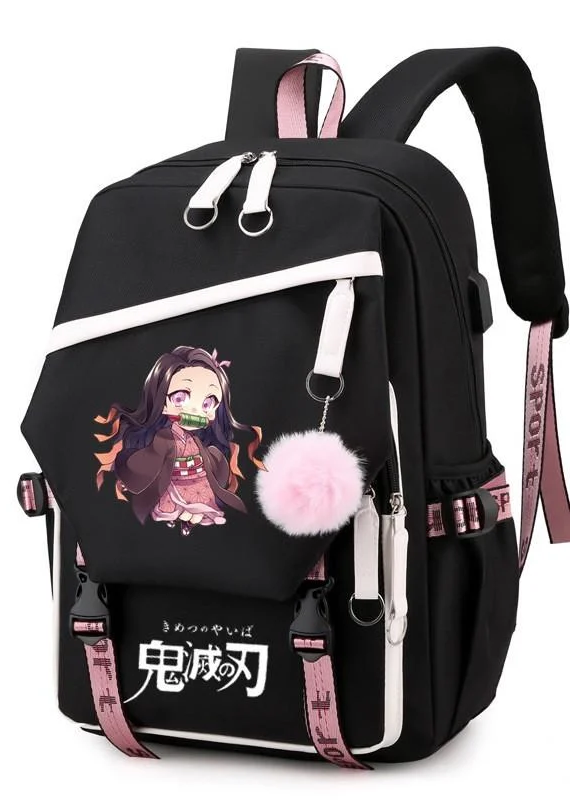 Школьный рюкзак для девочки с USB и меховым помпоном Аниме 5-11 класс (2700111680)