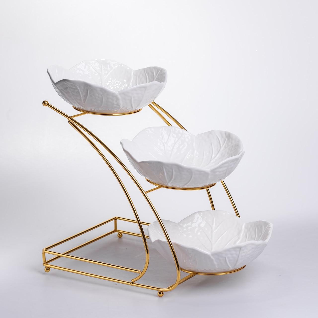 Фруктовница на 3 яруса фуршетная 36х22х33 см Белый с золотым (C252) - фото 2 Фруктовница на 3 яруса фуршетная 36х22х33 см Белый с золотым (C252) - фото 2