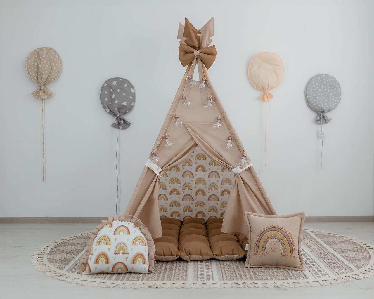 Вігвам дитячий для дітей Rainbow з килимком бон бон та подушки іграшки - фото 2 Вігвам дитячий для дітей Rainbow з килимком бон бон та подушки іграшки - фото 2