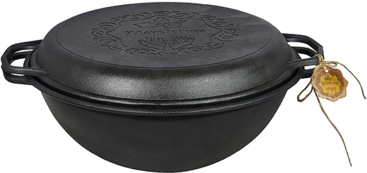 Котел с крышкой-сковородой гриль туристический в подарочной коробке чугунный 8 л (2596385627)