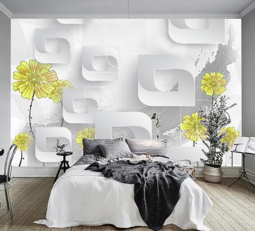 Фотообои 3D флизелиновые цветочные для спальни/зала/кухни Желтые цветочки на белом фоне