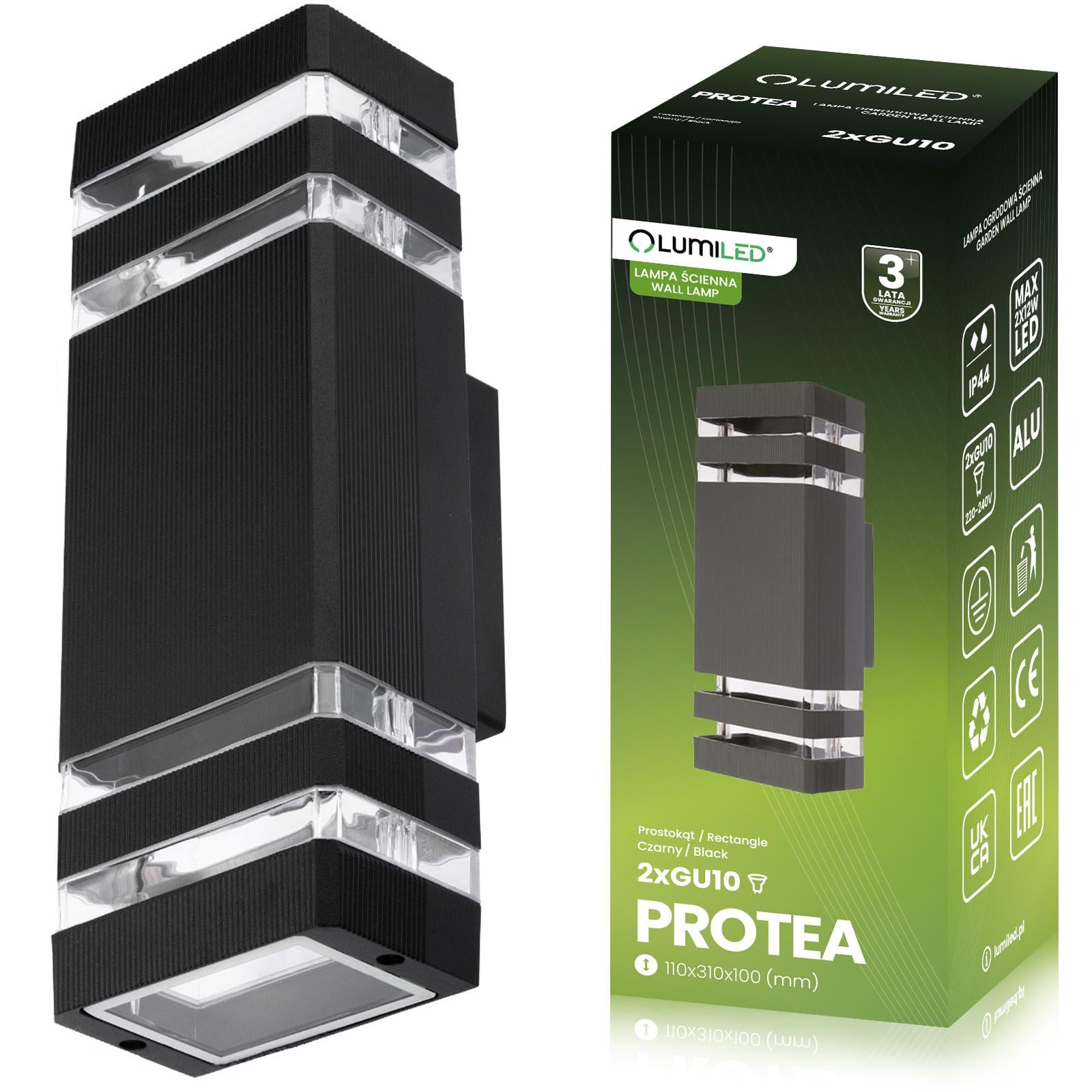 Светильник настенный фасадный двухламповый Lumiled Protea 2хGU10 IP54 алюминий и стекло 230В Черный
