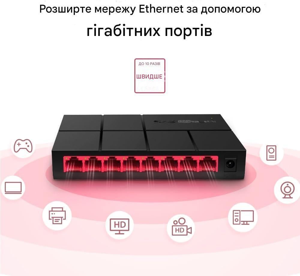 Коммутатор Desktop Switch Mercusys MS108G 8-port 10/100/1000 Mbps Black/Red (150109) - фото 6 Коммутатор Desktop Switch Mercusys MS108G 8-port 10/100/1000 Mbps Black/Red (150109) - фото 6